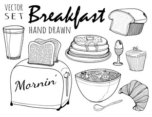 Hand drawn breakfast elements. Graphic vector collection