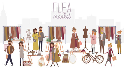 Wall Mural - Flea market poster with people selling and shopping at walking street, vintage clothes and accessories shop, cartoon flat design. Editable vector illustration