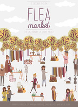 Flea Market Poster With People Selling And Shopping At Walking Street, Vintage Clothes And Accessories Shop, Cartoon Flat Design. Editable Vector Illustration