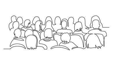 continuous line drawing of vector illustration character of audience in the conference hall backgrou