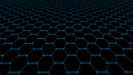 Fototapete - Abstract technology background. Artificial intelligence. Futuristic hexagon perspective background. Big data visualization. 3D rendering.
