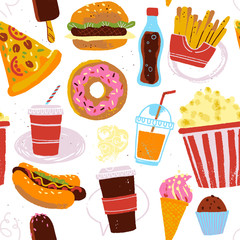 Vector seamless pattern with tasty fast food illustration - donut, pizza, burger, hot dog, coffee to go - isolated on white background. Hand drawn sketch style. Good for banners, menu cover, packaging