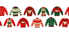 Ugly Christmas Sweaters Seamless Vector Border. Knitted Winter Jumpers With Norwegian Ornaments And Decorations. Holiday Design Green, Red, White For Party Invitation, Banner, Greeting Cards, Posters