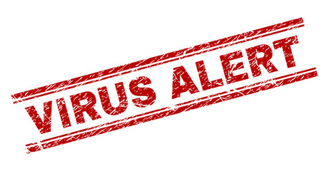 Wall Mural - VIRUS ALERT seal print with distress texture. Red vector rubber print of VIRUS ALERT text with dirty texture. Text label is placed between double parallel lines.