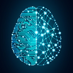 Poster - Big data and artificial intelligence concept. Machine learning and cyber mind domination concept in form of human brain outline outline with circuit board and binary data flow on blue background.