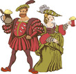 Medieval cavalier and pretty girl with beer mugs. Engraved style. Vector illustration