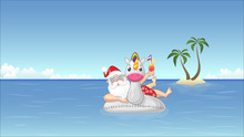 Santa Claus On Inflatable Unicorn Float Enjoys The Summer Vacation