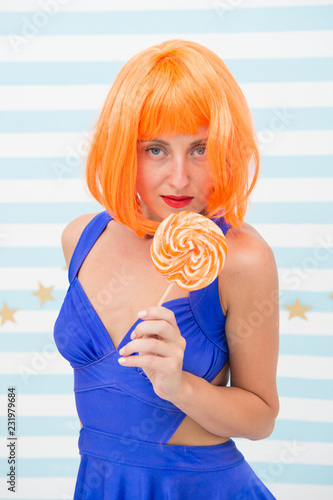 Sweet Beauty Crazy Girl With Orange Lollipop Fashion Beauty Wants To Eat Delicious And Sweet Lollipop Candy Crazy About Sweets Sexy Girl On Diet Sweet Look Buy This Stock Photo And