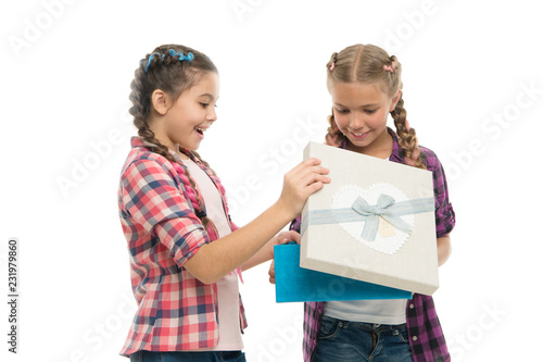Kids Little Girls With Braids Hairstyle Hold Gift Box Children