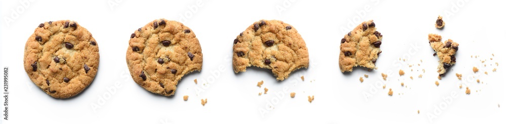 Steps of chocolate chip cookie being devoured. Isolated on white background. - obrazy, fototapety, plakaty 