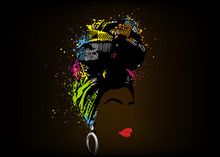 African Scarf, Portrait Afro Woman In A Striped Turban. Tribal Wrap Fashion, Ankara, Kente, Kitenge Dresses. Nigerian Style, Ghanaian Headwrap Colorful Splatter Vector For Print, Poster, T-shirt, Card