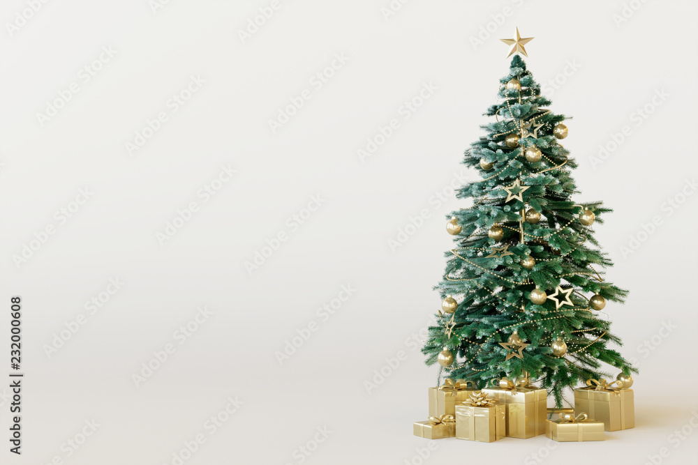 Christmas tree with gold gift box on white background. 3d rendering ...