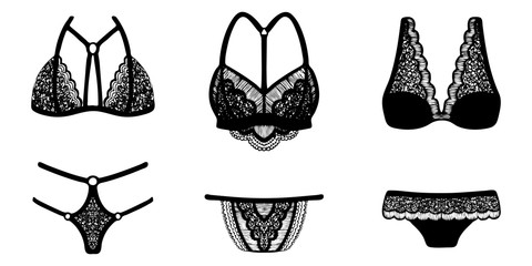 Lace hand-drawn ink on women's underwear. Set of 3 sexy lingerie sets.