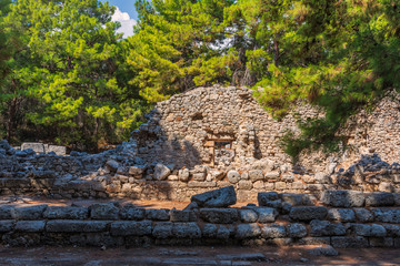 walls and stones, the ruins of the historic city of Phaselis among green relict pines, founded in the 6th century BC