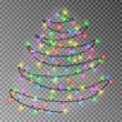 Christmas color tree of lights string hanging on wall. Transparent effect decoration isolated on dar