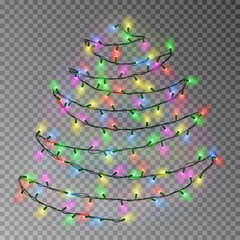 christmas color tree of lights string hanging on wall. transparent effect decoration isolated on dar