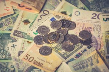 Polish and EURO currency banknotes and coins as a background