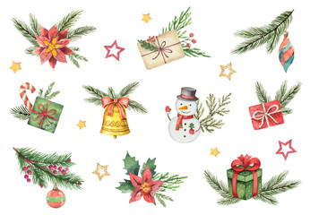 Wall Mural - watercolor vector set with christmas elements isolated on white background.