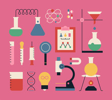 Set Of Colorful Science Experiment Tools Icons. Flat Design Style Vector Graphic Illustration.