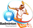 Vector illustration, badminton players in action as a symbol or icon Badminton tournament event