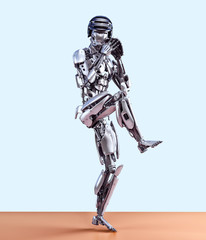 Robot baseball player in action, isolated. Cyborg robot artificial intelligence technology concept. 3D illustration