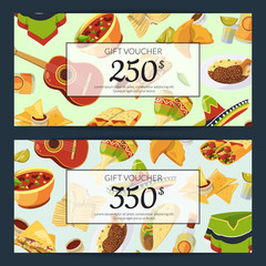 Wall Mural - Vector cartoon mexican food discount or gift voucher templates illustration. Set of cards flat style