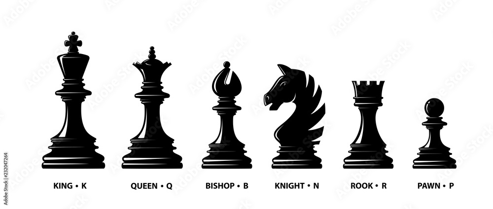 Chess piece icons with name. Board game. Black silhouettes isolated on white background. Vector illustration. - obrazy, fototapety, plakaty 