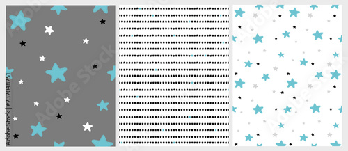 Cute Hand Drawn Stars And Stripes Irregular Vector Patterns Blue
