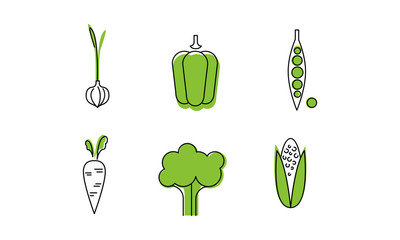 Sticker - Fresh vegetables line icons set, garlic, sweet pepper, green peas pod, broccoli, corncob, carrot, organic healthy food vector Illustration on a white background