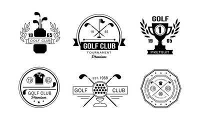 Golf club premium logo design set, golfing club retro badges, sport tournament or competition vintage labels vector Illustration on a white background