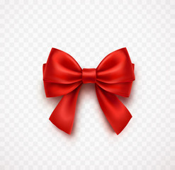 Wall Mural - Bow isolated on transparent background. Vector Christmas red satin ribbon with shadow, xmas wrap element template.