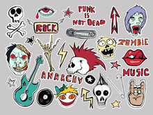 Cute  Patches And Stickers Collection. Punk Is Not Dead. Hand Drawn Sketches. Lips Skull Pins Guitar Stars Arrows Red Eyes Rock Symbols Zombies Scary Dead Man Vinyl Record Hand Written Tag Lines.