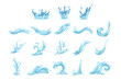Set of blue waves and water splashes, wavy symbols of nature in motion vector Illustrations