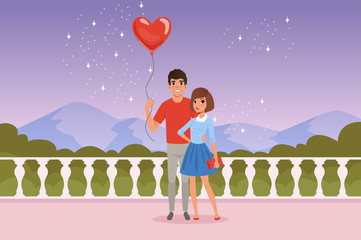 Poster - Romantic couple on the date. Man holding balloon in heart shape. Fence, starry sky, mountains and green bushes on background. Valentines Day. Cartoon flat vector design