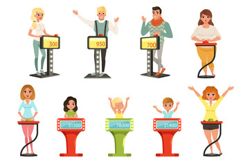 People taking part at quiz show set, players answering questions standing at stand with buttons vector Illustrations