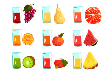 Poster - Fruit juices set, orange, apple, watermelon, kiwi. strawberries, pineapple, grapes , pear, grapefruit, drinks for a healthy diet vector Illustrations on a white background