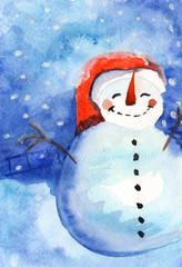  Watercolor card with a snowman. Winter landscape for cards, invitations, greeting cards.