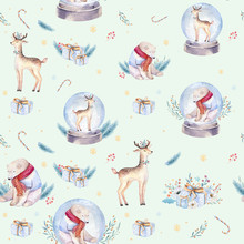 Watercolor Holiday Seamless Pattern Of A Cute Polar Bear And Deer, Winter Print, Children's Illustration, Portrait Of A Bear, Isolated New Year On A White Background, Animal In A Red Scarf