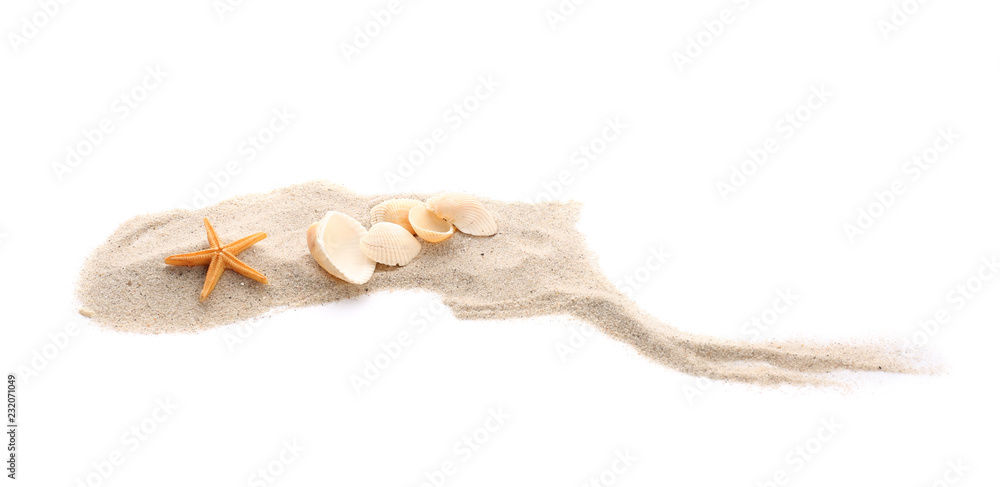 Seashells and sand on white background