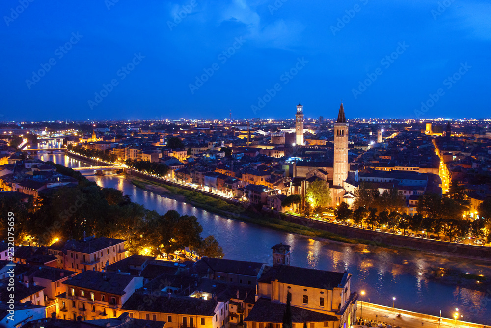 Blue hour on Verona city, Italy - obrazy, fototapety, plakaty 