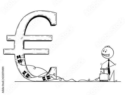 Fotografía Cartoon stick man drawing conceptual illustration of businessman using detonator and explosives as metaphor of speculation and trying to destroy or crash Euro currency symbol