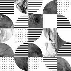 Wall Mural - Modern seamless geometric pattern: semicircles, circles, squares, grunge, marble, watercolor textures, doodles.