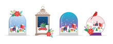 Merry Christmas, Winter Wonderland Scenes In Collection Of Snow Globes, Concept Vector Illustration