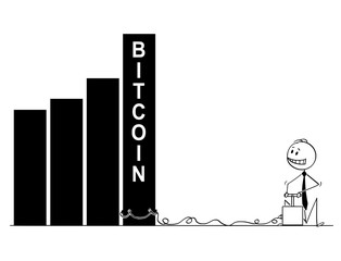 Sticker - Cartoon stick man drawing conceptual illustration of businessman using detonator and explosives as metaphor of speculation and trying to destroy Bitcoin currency chart or graph.