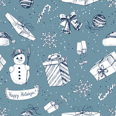 Wall Mural - Hand drawn seamless pattern with various Christmas holiday related items- snowman, gifts, baubles and etc.