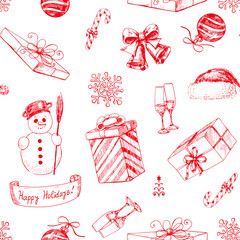Wall Mural - Hand drawn seamless pattern with various Christmas holiday related items- snowman, gifts, baubles and etc.