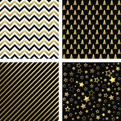 Wall Mural - christmas black and gold seamless patterns. vector set of minimal backgrounds