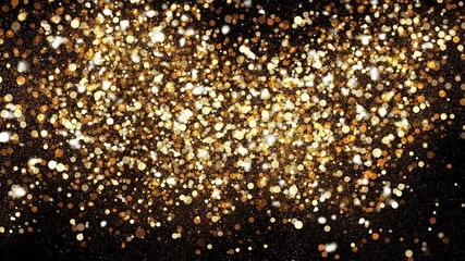 Wall Mural - golden glitter dust on black background. sparkling splash intro with gold powder. bokeh glowing magi