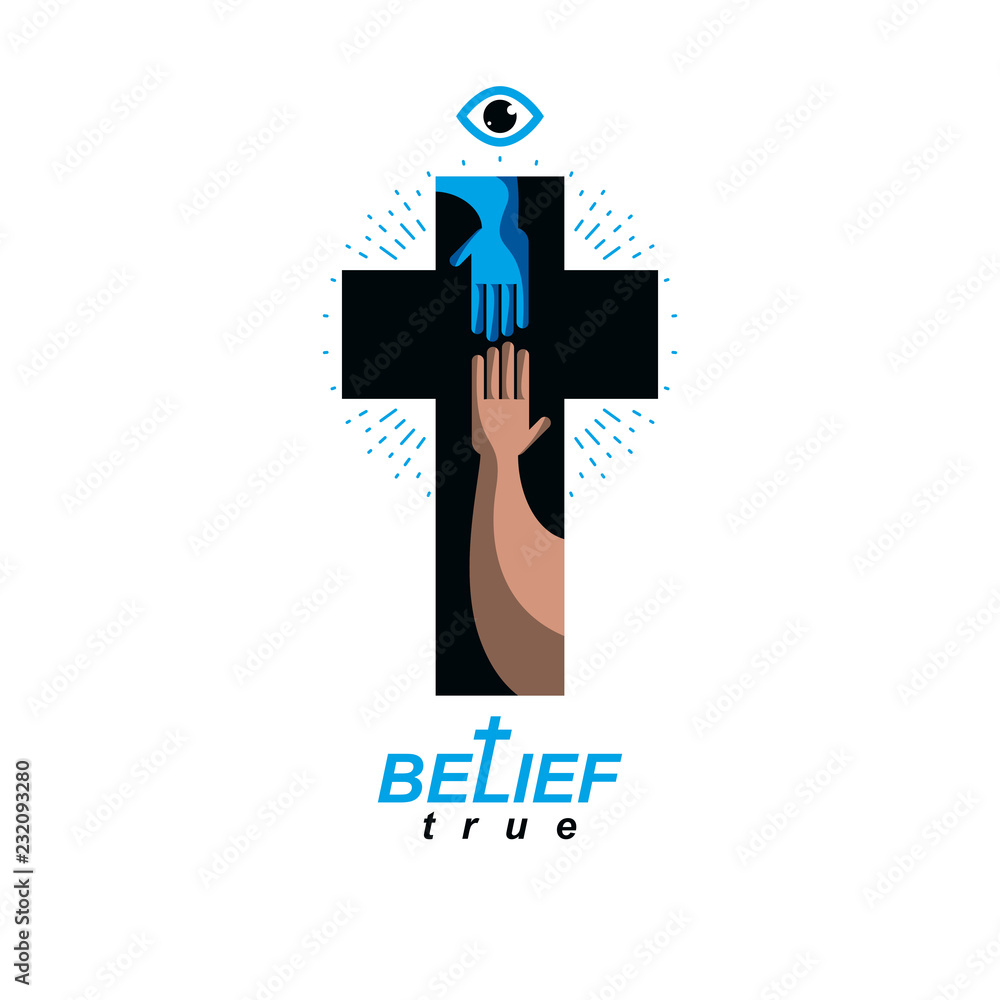 Hand of believer extends to the hand of God, helping and love of Jesus.Christian Cross true belief in God vector symbol, Christianity religion icon.