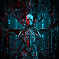 Wall Mural - the quantum reaper / 3d illustration of science fiction human android gamer skeleton hardwired to co